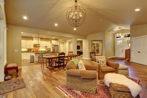 Cozy family room dinning room and kitchen with decor.